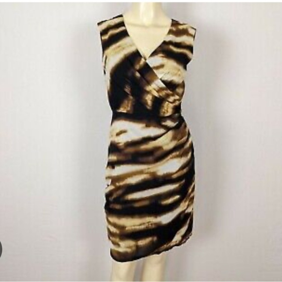 Ann Taylor Sheath Dress Silk Ruched Sides Sleeveless Neutral Black Brown Cream - Picture 3 of 13
